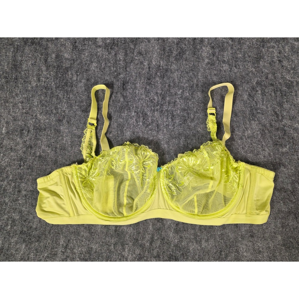 Womens Bra 46C Lime Yellow Balconette Unlined Underwire Sheer Floral Cacique